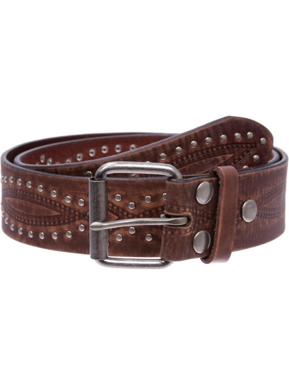 Vintage Embossed Cowhide Leather Belt with Rivets & Nailhead Studs - Casual